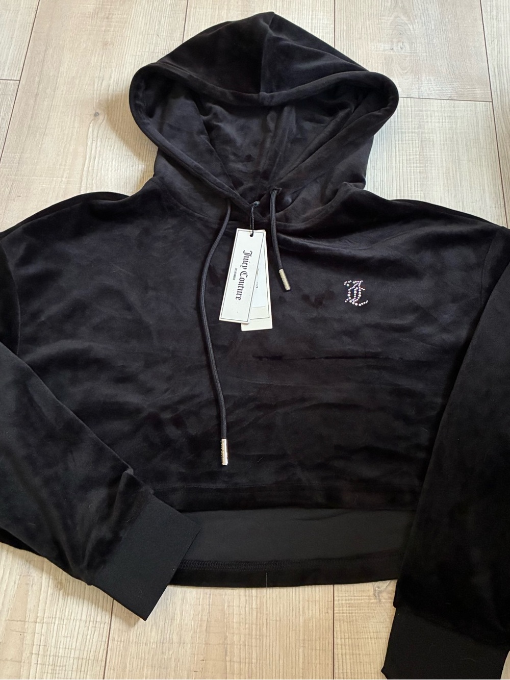 Juicy Couture Black Velour Cropped Hooded Pullover with Crystal JC Accent
